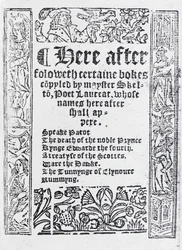 Página de título de "Certaine Bokes Copyled por Mayster Skelton" por John Skelton, publicado c.1550 (papel impresso)